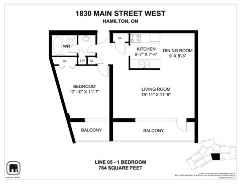 Floor plan for 1 bed, 1 bath, 819 sqft